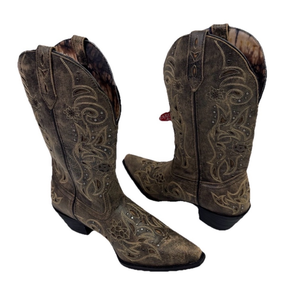 NWT Women’s 10M Laredo Cowboy Boots Leather Snip Toe Brown/Tan Studded 52050